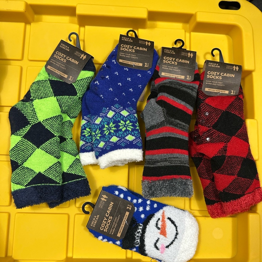 Bundle of 5 Boy Cozy Cabin Youth‎ Socks Gripper Winter Non Slip Thick Warm Gift